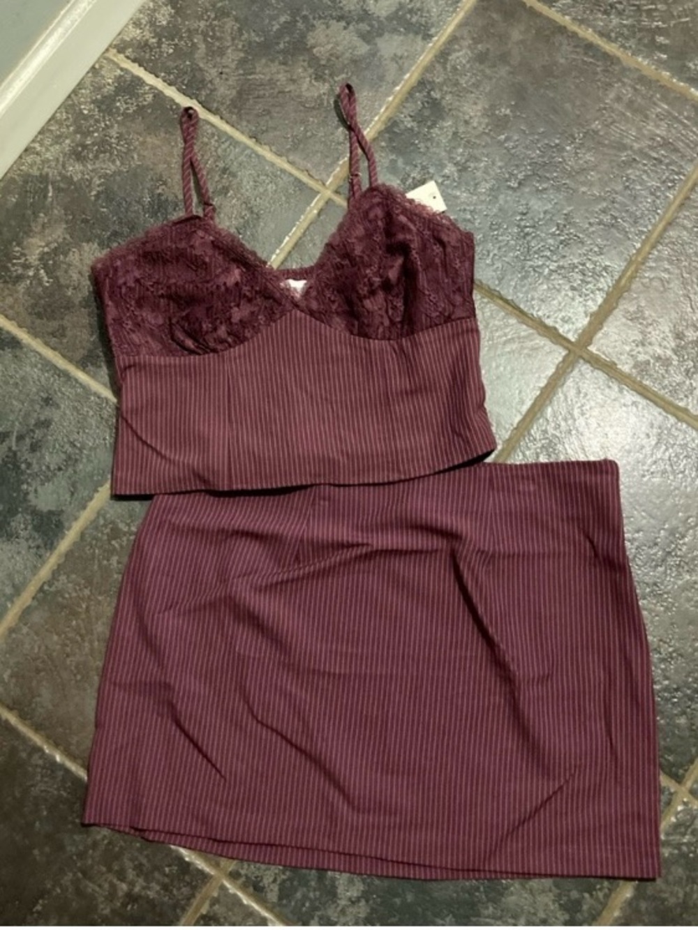 Maroon Pinstripe Bustier Top and Mini
Skirt Set, 2-Piece, Women's Size M